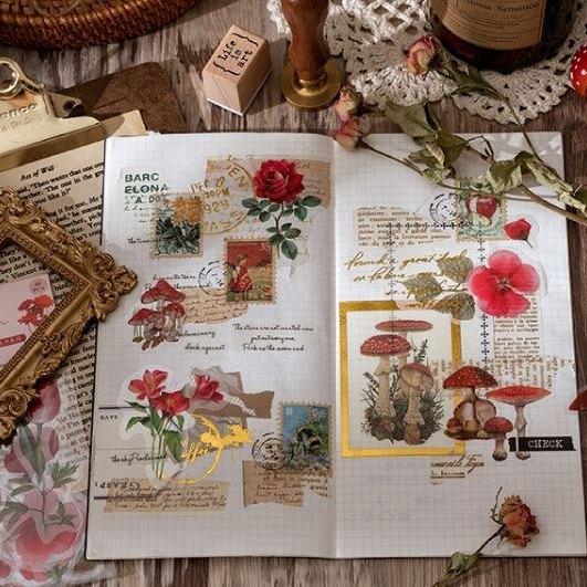 コラージュ シール 素材 花 葉 きのこ 植物 海外 アンティーク