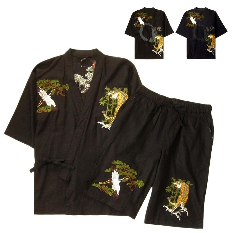 和柄 甚平 総刺繍 虎 寅 鶴 メンズ 悪羅悪羅系 オラオラ系 麻混 全刺繍