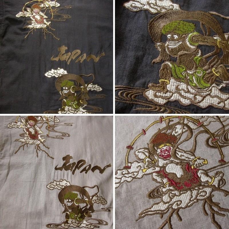豊天商店　元祖豊天　風神雷神刺繍　ハーフパンツ　大きいサイズ ジーンズ メンズ 刺繍 和柄 風神雷神 ハーフパンツ/ショート
