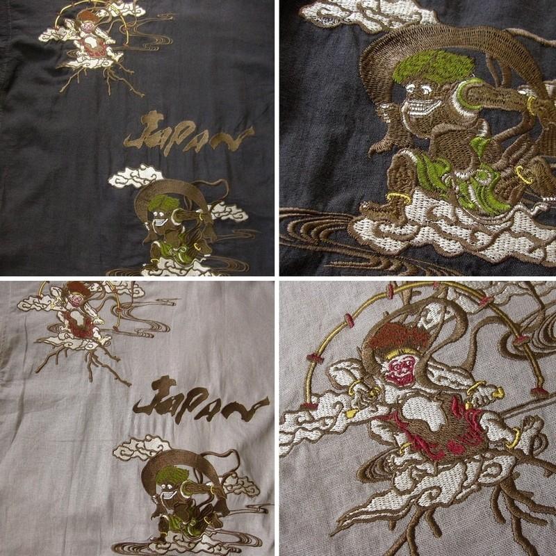 和柄 甚平 総刺繍 風神雷神 メンズ 悪羅悪羅系 オラオラ系 麻混 全刺繍 上下セット 大きいサイズ 和服 浴衣 作務衣 風神雷神柄 mz009｜kuryu｜04