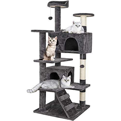 JJW Cat Tree Tower with Sisal Scratching Posts Condos?r Khammock Plush Perches?t Activity Centres Kittens Furniture Play House (Smoky Grey)