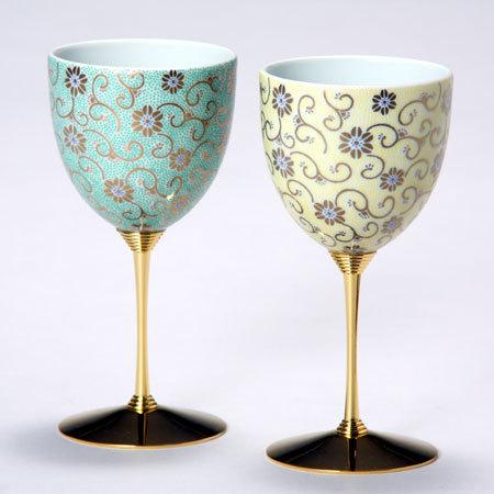 九谷焼 ペアワインカップ 五彩唐草 緑彩 黄彩 ワイングラス 日本酒 