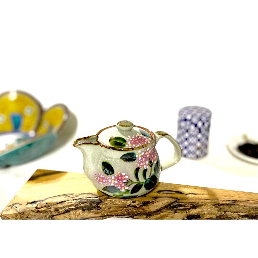 九谷焼 高級 陶磁器 急須 小 がく紫陽花 ピンク＆ピンク 裏絵(Kutani