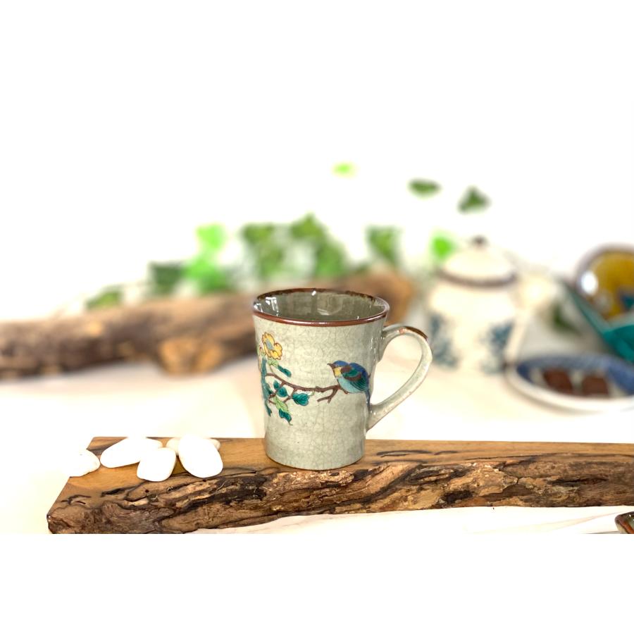九谷焼 高級 陶磁器 マグカップ 金糸梅に鳥 裏絵(Kutani mug)おしゃれ