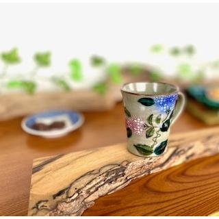 九谷焼 マグカップ がく紫陽花 ピンク＆ブルー 背中・裏絵ブルー