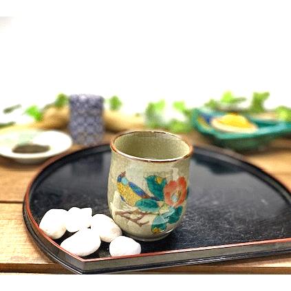 九谷焼 高級 陶磁器 湯呑 大 椿に鳥 裏絵(Kutani teacup)おしゃれ