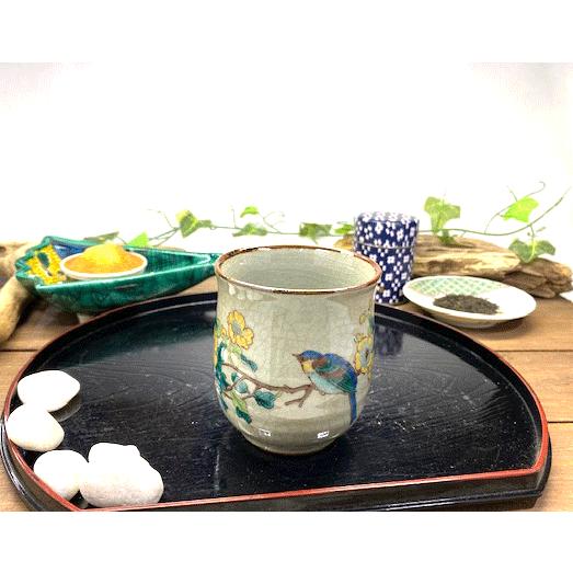 九谷焼 高級 陶磁器 湯呑 大 金糸梅に鳥 裏絵(Kutani teacup)おしゃれ