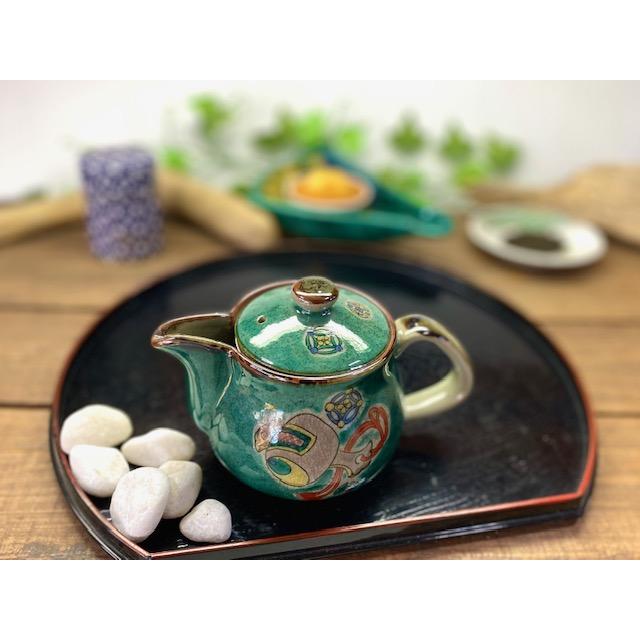 九谷焼 高級 陶磁器 急須 小 宝尽くし緑塗り 裏絵(Kutani teapot