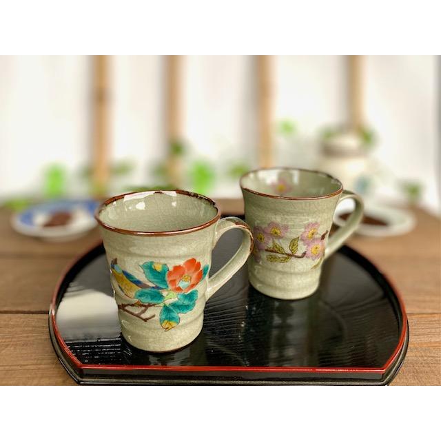 九谷焼 高級 陶磁器 ペアマグカップ ソメイヨシノ＆椿に鳥 中裏絵 