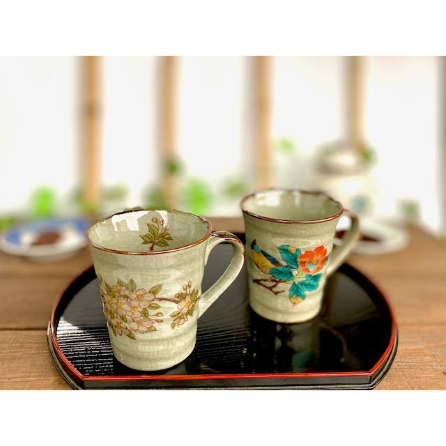 九谷焼 高級 陶磁器 ペアマグカップ しだれ桜 中裏絵&椿に鳥 裏絵 
