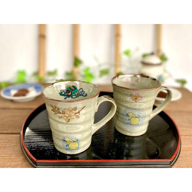 九谷焼 ペアマグカップ 椿に鳥＆ソメイヨシノ 裏絵 (Kutani pair mug