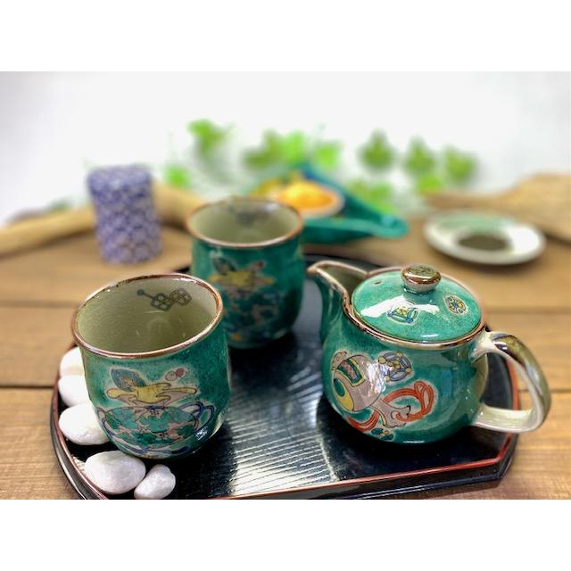 九谷焼 高級 陶磁器 急須3点セット 小 宝尽くし緑塗り 裏絵(Kutani