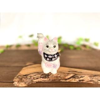 九谷焼 高級 陶磁器 招き猫 デコ盛 花むらさき 4号 金運 (Kutani 