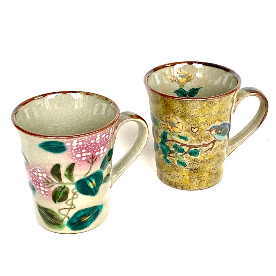 九谷焼 高級 陶磁器 ペアマグカップ がく紫陽花ピンク＋ピンク＆黄塗り