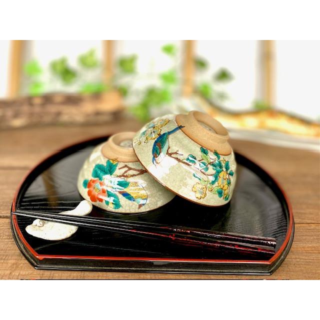 九谷焼 高級 陶磁器 ペア飯碗 椿に鳥＆金糸梅に鳥 (Rice bowl)ごはん
