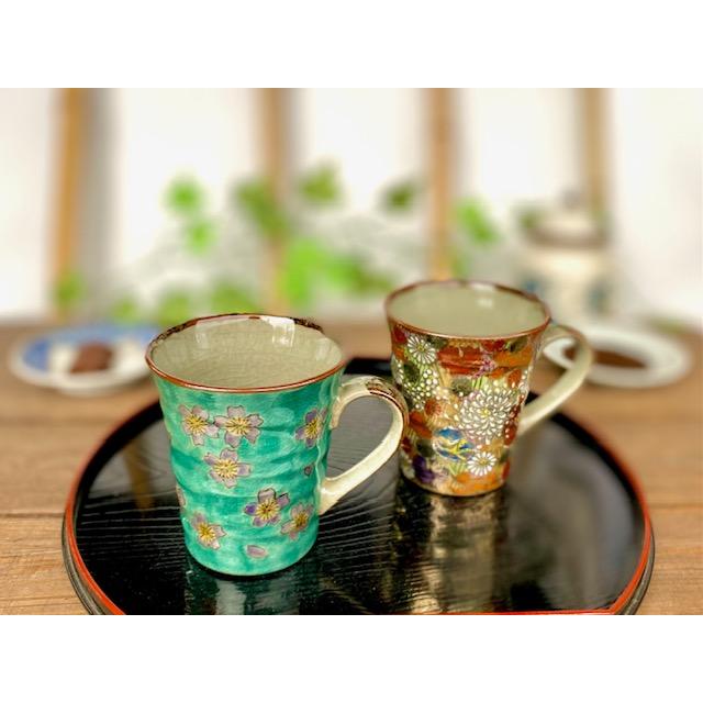 九谷焼 高級 陶磁器 ペアマグカップ グリーン地桜 ＆ 加賀のお殿様