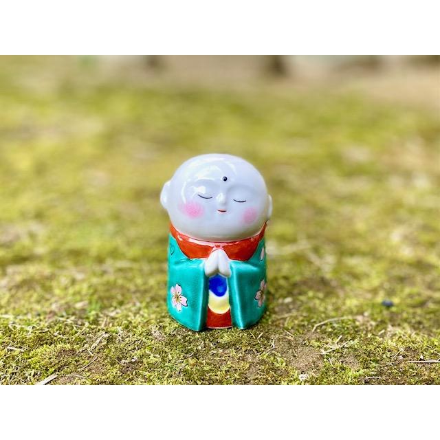 九谷焼 高級 陶磁器 置物 お地蔵様 グリーン地桜 ピンクほっぺ ハート