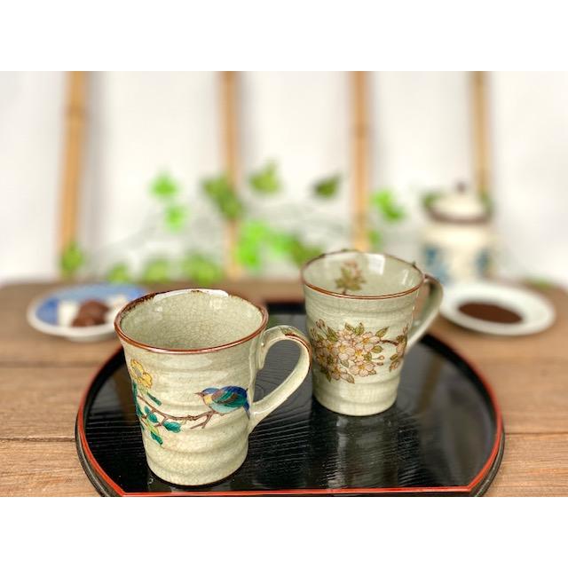 九谷焼 ペアマグカップ 椿に鳥＆ソメイヨシノ 裏絵 (Kutani pair mug