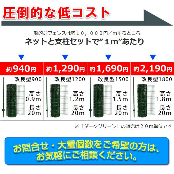 簡単 金網 フェンス 改良型 1200 ネット+支柱 緑 畑 家庭菜園 h1200