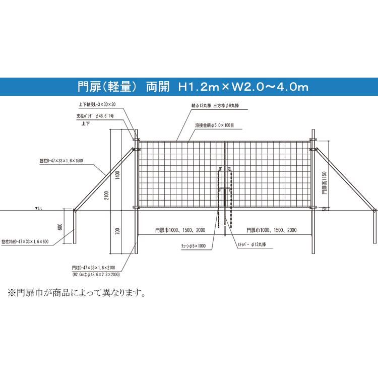 金網門扉　軽量　両開き　H1.2m×W3.0m　フェンス　柵　ゲート