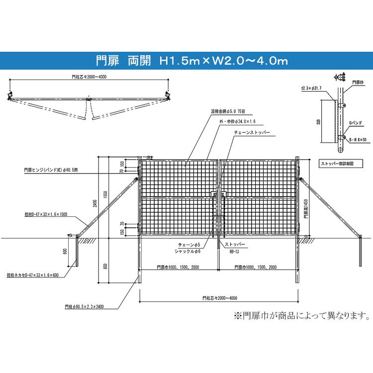 金網門扉　両開き　H1.5m×W4.0m　柵　ゲート　フェンス