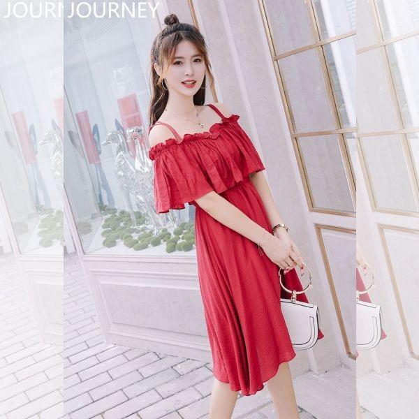 ワンピ 359R 赤 Aライン ベアトップ風 膝丈 ワンピース キャバドレス  