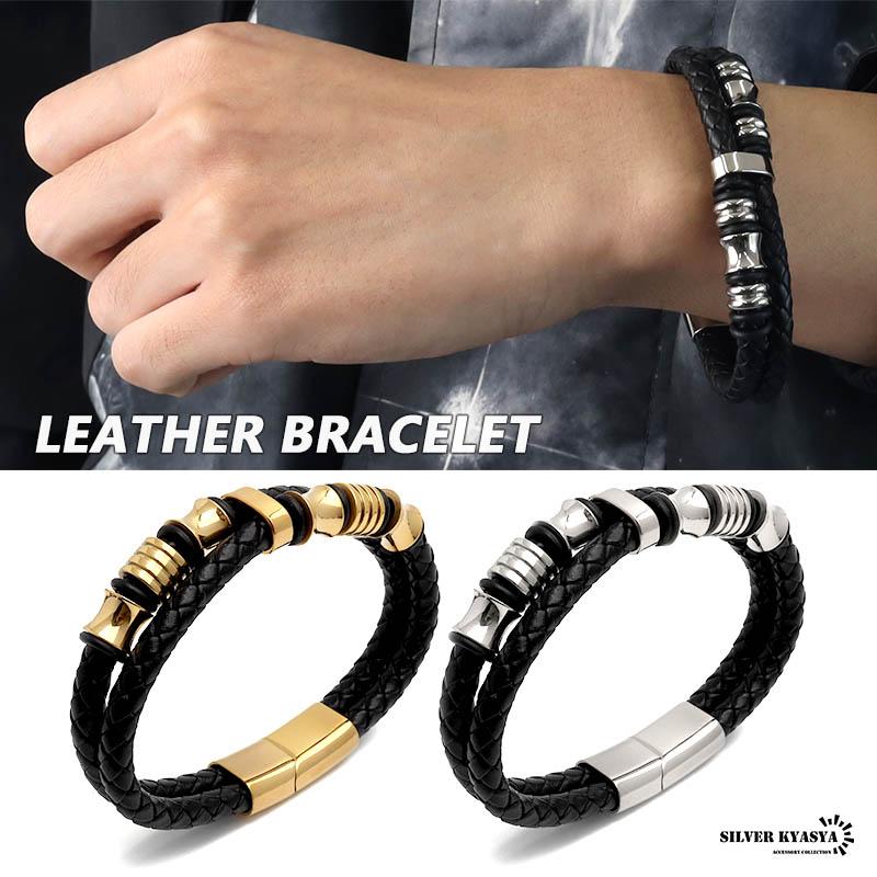 ブレスレット メンズ レザー ステンレス ゴールド シルバー gold