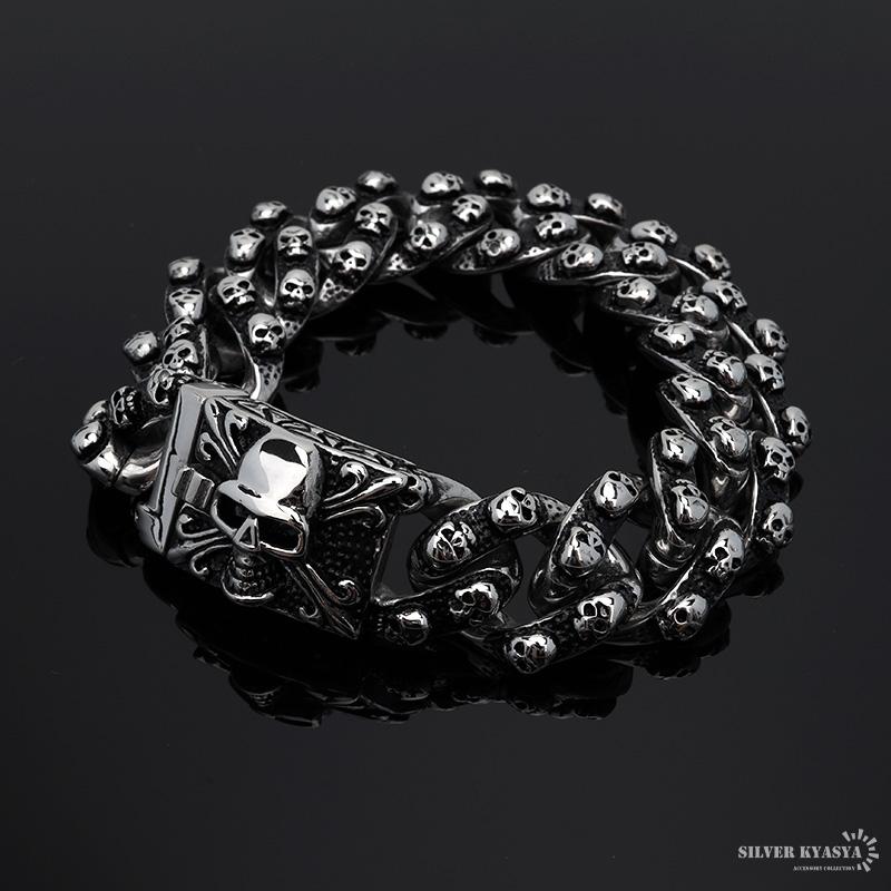 重厚 ブレスレット ステンレス 喜平チェーン スカル ドクロ 頭蓋骨