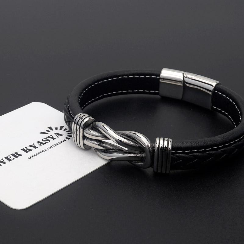 ステンレス レザーブレスレット メンズ バングル シルバー ブラック