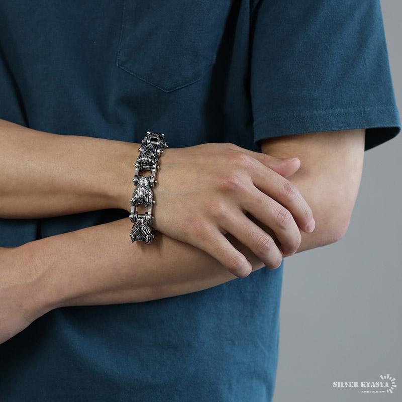 重厚 バイクチェーンブレスレット ウルフ メンズ ブレスレット 狼 ご