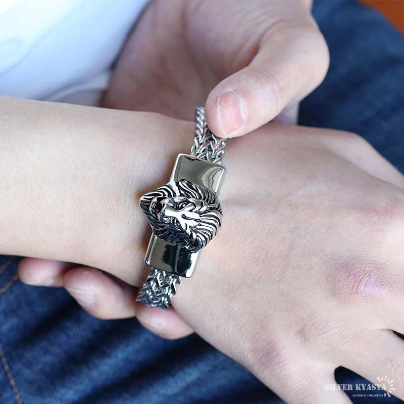 ステンレス ライオンブレスレット シルバー 銀 ヘビーブレスレット ご