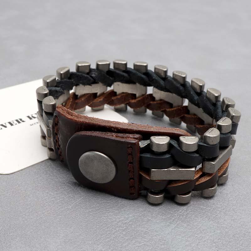 編み込み レザーブレスレット バイクチェーン アメリカン 牛 本