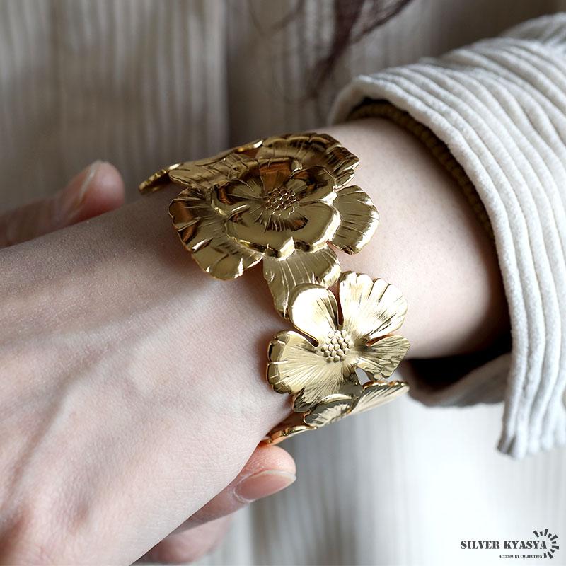 ステンレス フラワーバングル ワイドバングル 花 ゴールド 18K ステンレス フラワーバングル ワイドバングル 花 ゴールド 18K