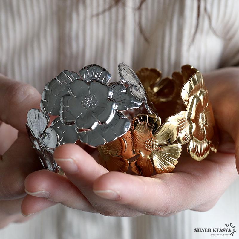 ステンレス フラワーバングル ワイドバングル 花 ゴールド 18K ステンレス フラワーバングル ワイドバングル 花 ゴールド 18K