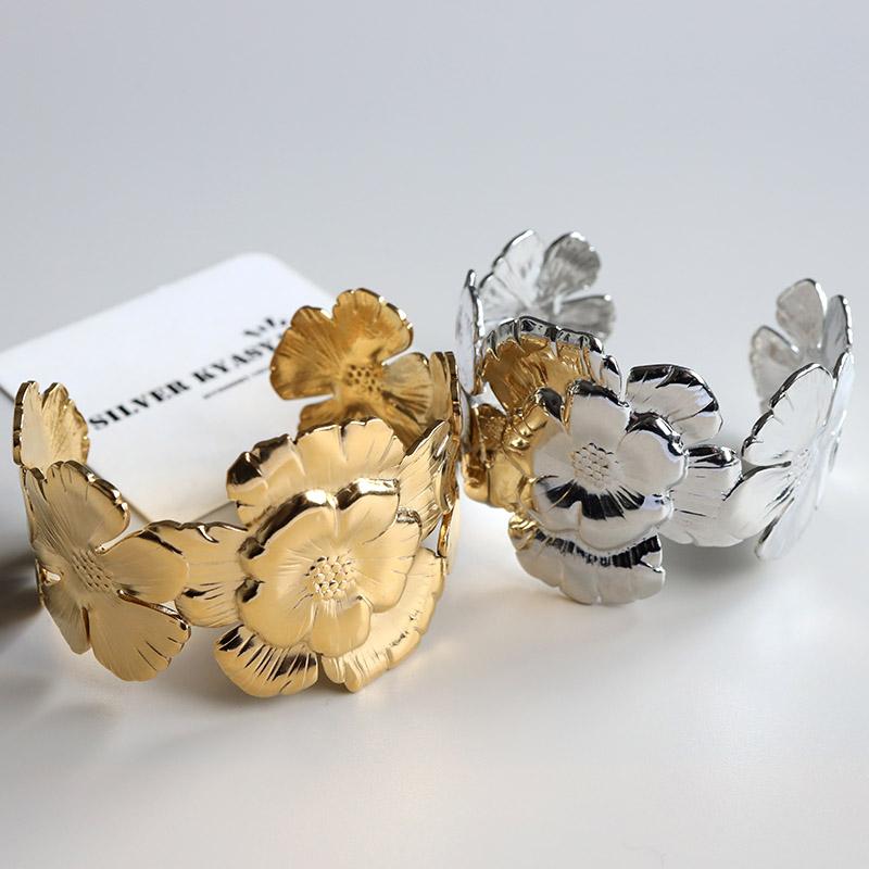 ステンレス フラワーバングル ワイドバングル 花 ゴールド 18K GP