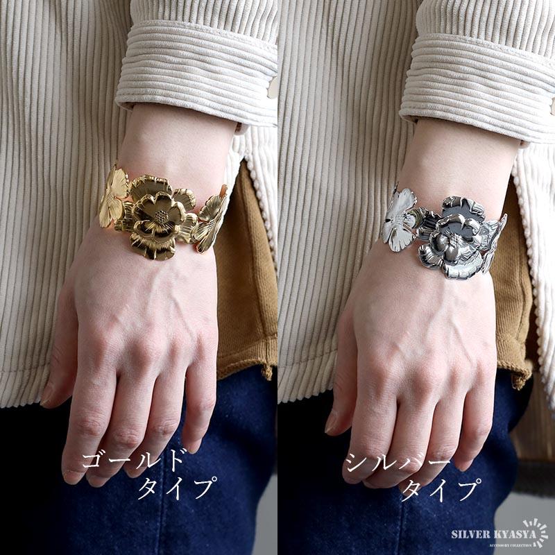 ステンレス フラワーバングル ワイドバングル 花 ゴールド 18K ステンレス フラワーバングル ワイドバングル 花 ゴールド 18K