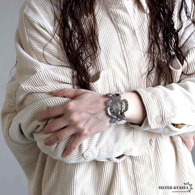 ステンレス フラワーバングル ワイドバングル 花 ゴールド 18K