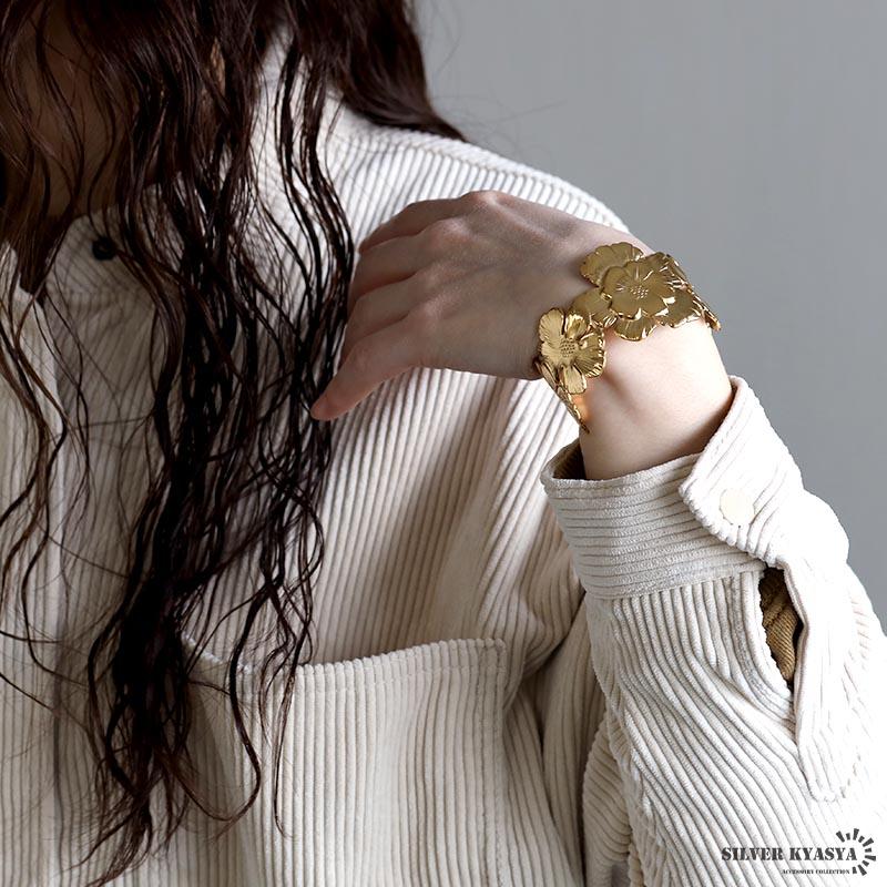 ステンレス フラワーバングル ワイドバングル 花 ゴールド 18K ステンレス フラワーバングル ワイドバングル 花 ゴールド 18K