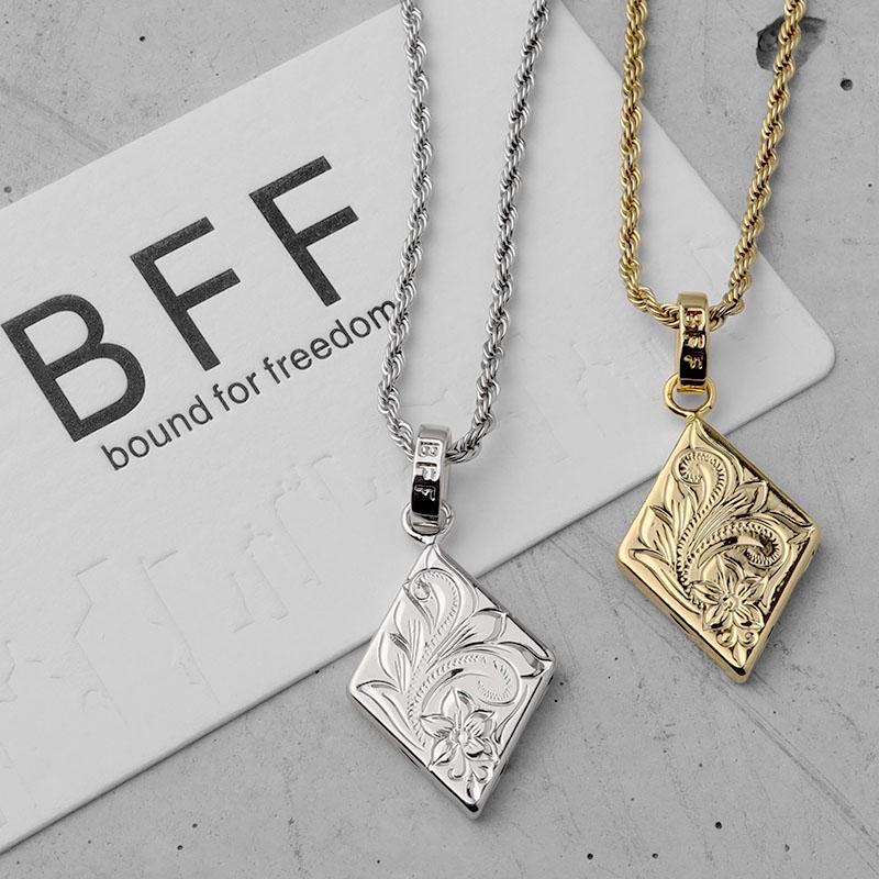 BFF ブランド ラムバスネックレス シルバー 銀色 silver プルメリア ひし形 ダイヤ ハワイアンジュエリー ロープチェーン 彫金 手彫り 専用BOX付属 父の日｜kyasya｜09