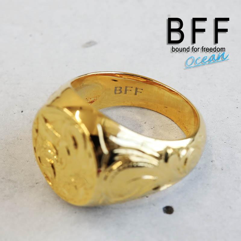 【特価商品】ブランド ハワイアンリング メンズ 印台 シグネット 18k gp BFF ブランド ハワイアンリング メンズ 印台リング 丸型 ゴールド 18K