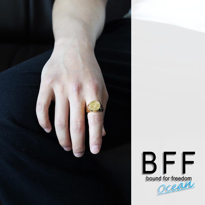 【特価商品】ブランド ハワイアンリング メンズ 印台 シグネット 18k gp BFF ブランド ハワイアンリング メンズ 印台リング 丸型 ゴールド 18K