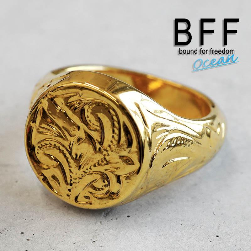 BFF ブランド ハワイアンリング メンズ 印台リング 丸型 ゴールド 18K