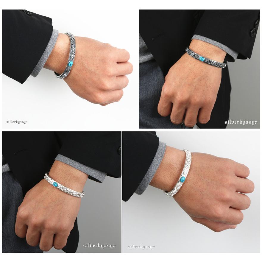 ＼2個で10％OFF 3個で20％OFFクーポン／シルバー925 唐草バングル ターコイズ アラベスク ブレスレット 925 シンプル バングル 人気 メンズ レディース 爆買の画像