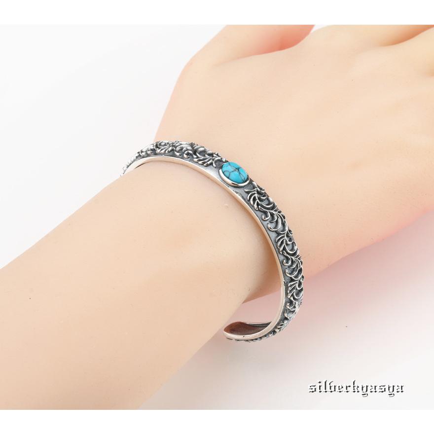 ＼2個で10％OFF 3個で20％OFFクーポン／シルバー925 唐草バングル ターコイズ アラベスク ブレスレット 925 シンプル バングル 人気 メンズ レディース 爆買の画像