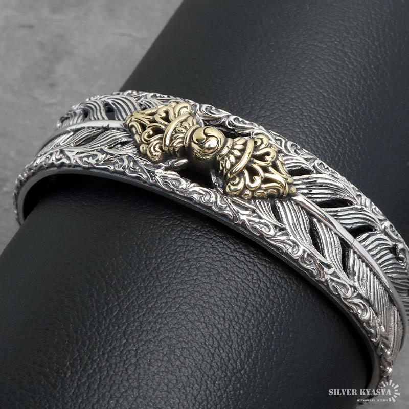 シルバー925 六字真言バングル フェザーバングル メンズ 三鈷杵 五鈷杵