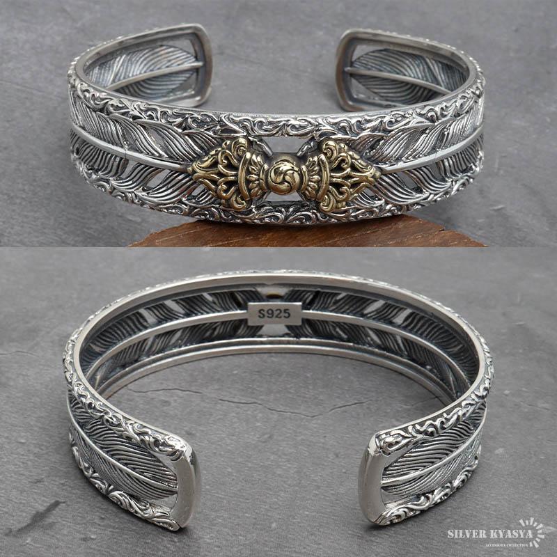 シルバー925 六字真言バングル フェザーバングル メンズ 三鈷杵 五鈷杵