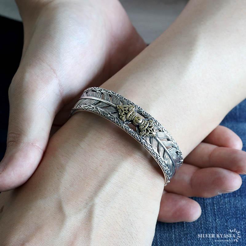 シルバー925 六字真言バングル フェザーバングル メンズ 三鈷杵 五鈷杵