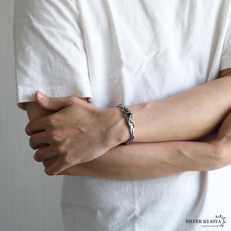 シルバー925 オニキスバングル メンズ 腕輪 一粒 シルバーバングル