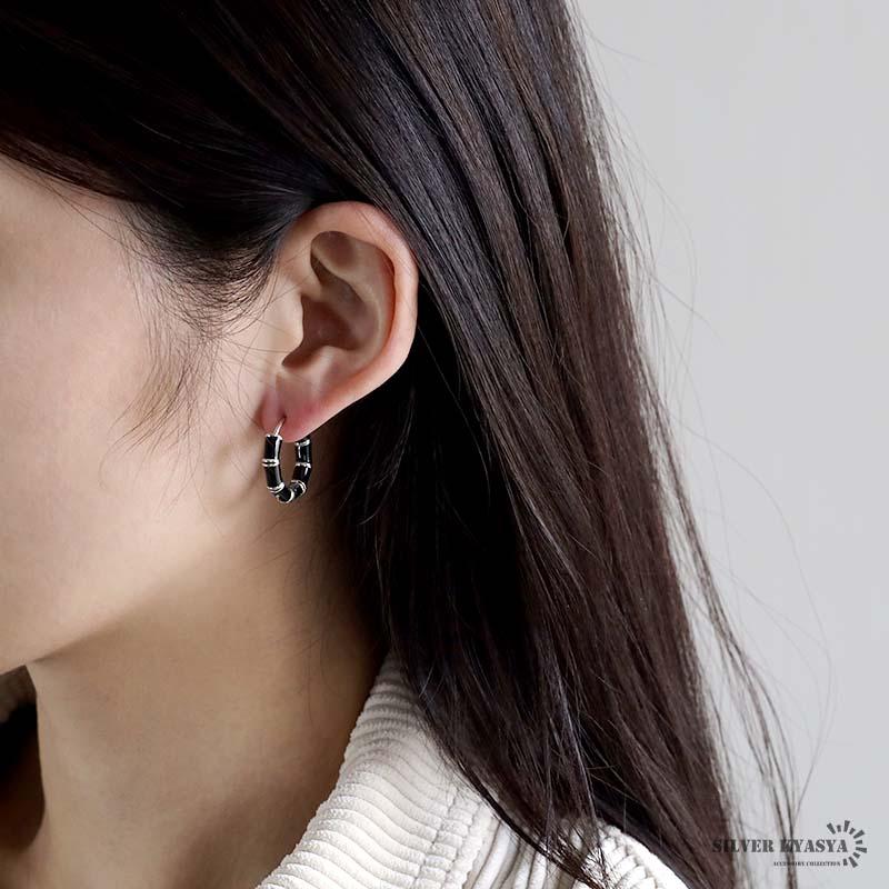 クーポンで10％OFF ブラック フープピアス 黒 シルバー925 レディース