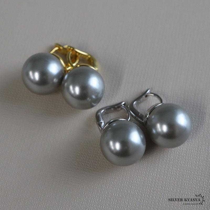 大きめグレーパールピアス 12mm 真珠 フープピアス 一粒ピアス 両耳用 